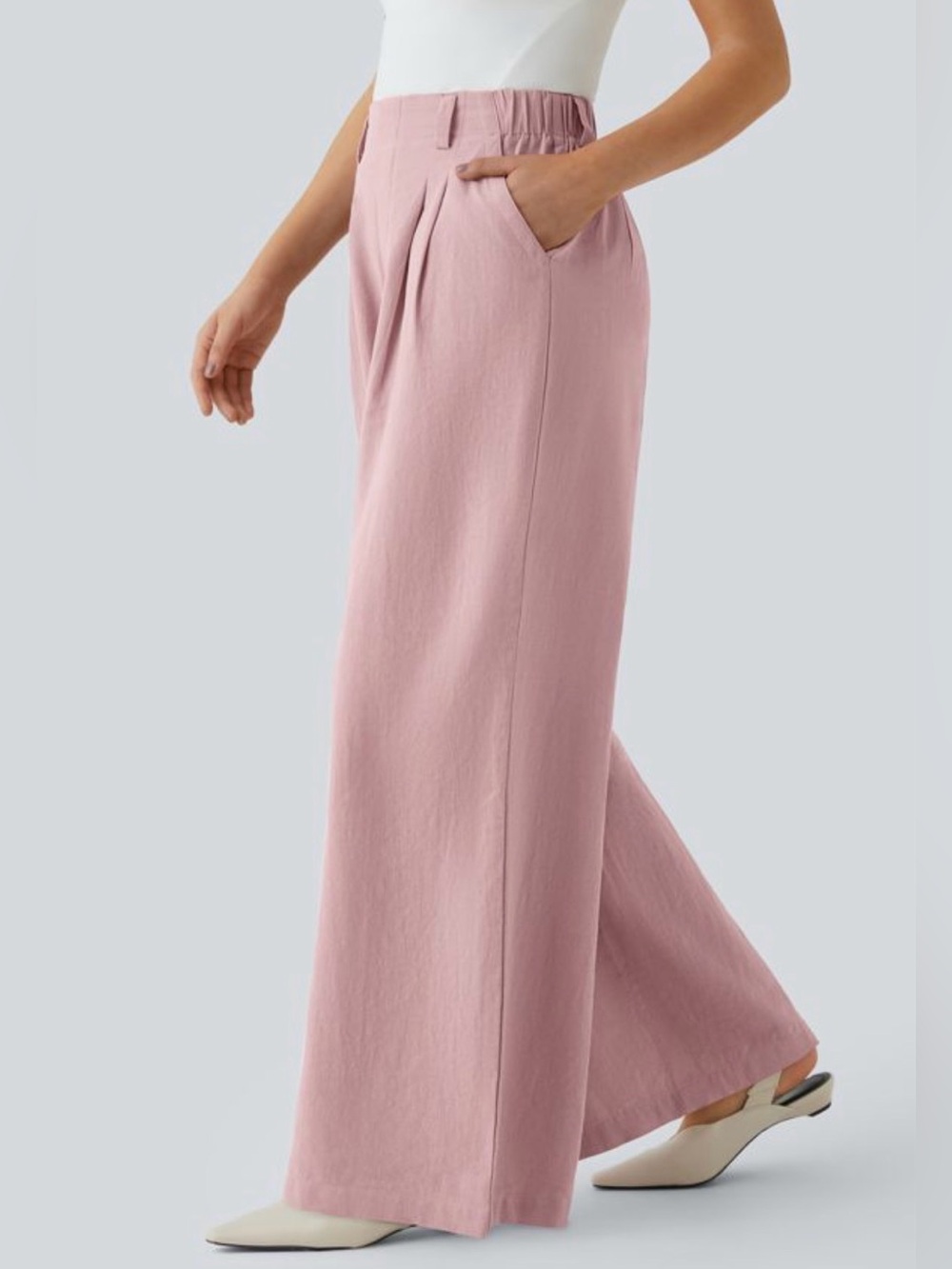 Halara High Waisted Pocket Wide Leg Flowy Solid Palazzo Casual Linen-Feel Pants - Picture 3 of 7